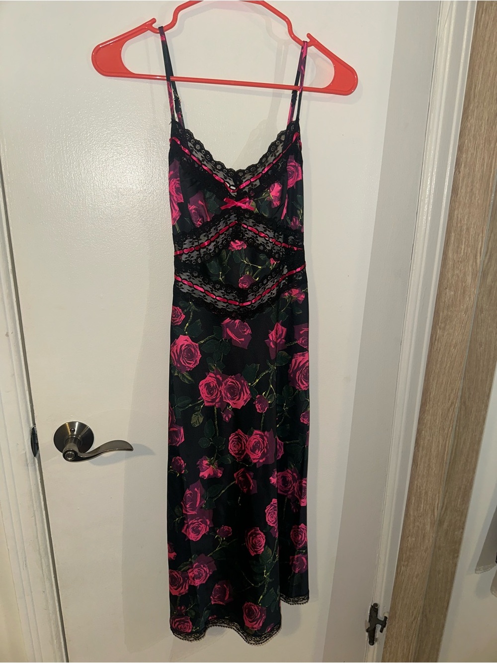 Betsey Johnson Black Slip Dress with Hot Pink Rose Print